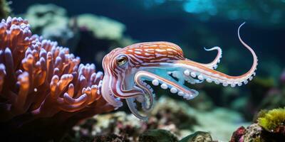 un hermosa gigante calamar alrededor muy hermosa coral arrecife ai generativo foto