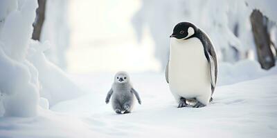 Baby penguin and his mother walking in the snow, AI Generative photo