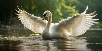 a Shining white feathered swan sitting on a green lake, AI Generative photo