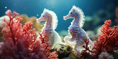 hermosa caballitos de mar alrededor muy hermosa coral arrecife ai generativo foto