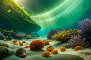 the sun shines through the water and coral reefs. AI-Generated photo