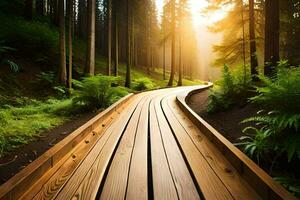 wooden path in the forest at sunset. AI-Generated photo