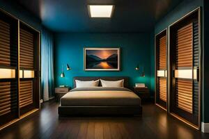 a bedroom with blue walls and wooden floors. AI-Generated photo