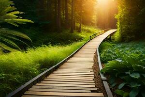 a wooden path leads to the sun in the forest. AI-Generated photo