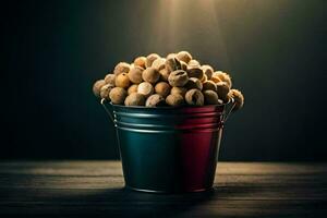 un Cubeta lleno con nueces en un de madera mesa. generado por ai foto