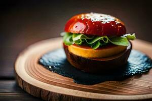 a tomato burger on a wooden plate. AI-Generated photo