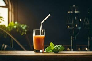 un vaso de jugo con un Paja en un de madera mesa. generado por ai foto