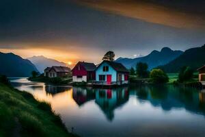 photo wallpaper the sky, mountains, water, house, the sun, the mountains, the lake. AI-Generated