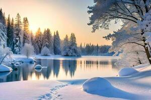 winter landscape with snow covered trees and water. AI-Generated photo