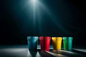 four colorful plastic cups in a row with a spotlight. AI-Generated photo