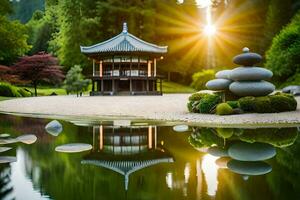 a japanese garden with a pagoda and rocks. AI-Generated photo