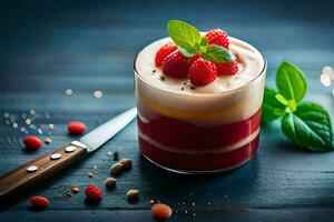 a dessert with raspberries and mint on a wooden table. AI-Generated photo