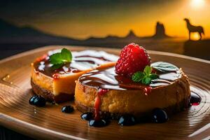 el postre es servido en un de madera plato con un puesta de sol en el antecedentes. generado por ai foto