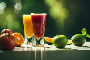 two glasses of juice with oranges and apples. AI-Generated photo