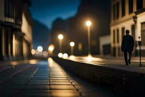 a man walking down a street at night. AI-Generated photo