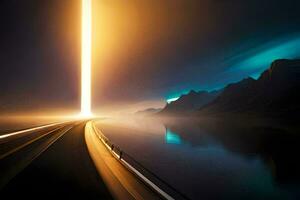 a long exposure photograph of a road with a light shining through it. AI-Generated photo