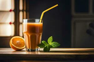 an orange juice with a straw and mint leaves. AI-Generated photo