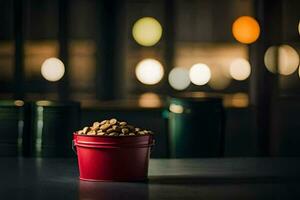 a red bucket filled with peanuts on a table. AI-Generated photo