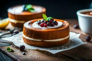 dos pasteles con crema y bayas en un de madera mesa. generado por ai foto