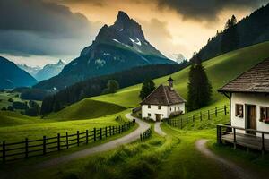 a small house sits on a green hillside with mountains in the background. AI-Generated photo