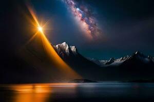 photo wallpaper the sky, mountains, the milky, the sun, the moon, the sky. AI-Generated