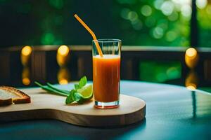 un vaso de naranja jugo con un Paja en un de madera mesa. generado por ai foto