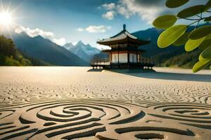 un pagoda en el arena con un espiral modelo. generado por ai foto