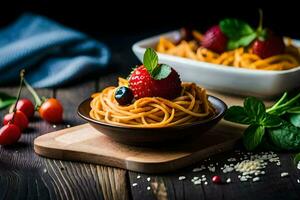 spaghetti with fresh berries and mint leaves on a wooden table. AI-Generated photo