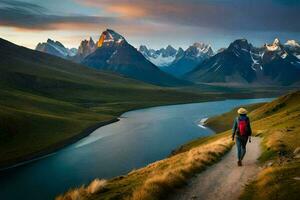 un hombre camina a lo largo un camino en el montañas. generado por ai foto