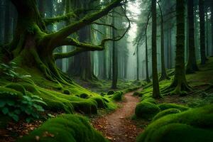 a path through a forest with mossy trees. AI-Generated photo