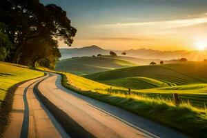 the sun rises over a road in the countryside. AI-Generated photo