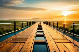 a wooden bridge leads to the sun rising over a field. AI-Generated photo