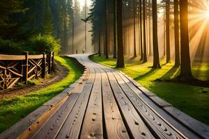 a wooden path leads to the sun in the forest. AI-Generated photo