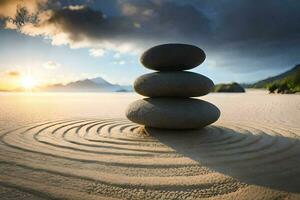 a stack of stones on the beach at sunset. AI-Generated photo