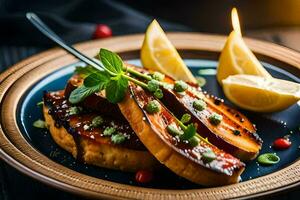 a plate with grilled eggplant and lemon slices. AI-Generated photo