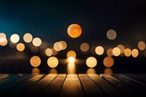 a full moon over the water with bokeh lights. AI-Generated photo