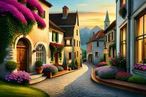 wall art - painting - village street at sunset by james kennedy. AI-Generated photo