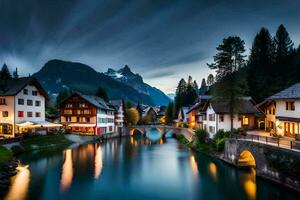 photo wallpaper the sky, mountains, river, houses, switzerland, europe, the night. AI-Generated