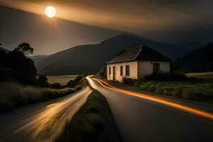 a house on a road with a full moon in the background. AI-Generated photo