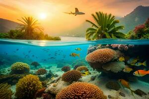 tropical underwater scene with coral reefs and an airplane flying over. AI-Generated photo