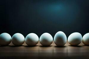 white eggs in a row on a dark background. AI-Generated photo