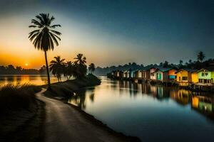 un río con casas en el apuntalar a puesta de sol. generado por ai foto
