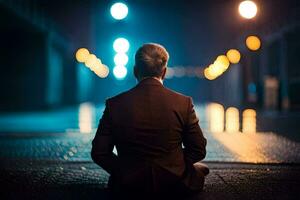 a man in a suit sits on the ground at night. AI-Generated photo