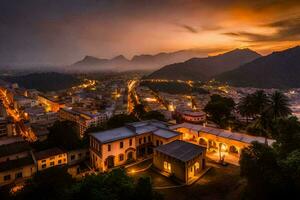 foto fondo de pantalla el cielo, ciudad, montañas, atardecer, el ciudad, el ciudad, el ciudad. generado por ai