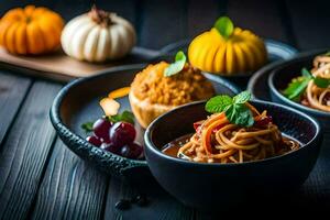 spaghetti with pumpkin and squash in bowls. AI-Generated photo