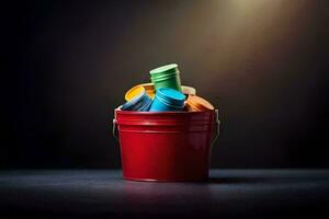 a red bucket filled with colorful plastic bottles. AI-Generated photo