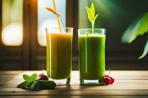 dos lentes de verde y naranja jugo en un mesa. generado por ai foto