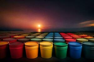 colorful buckets of paint on a dark background. AI-Generated photo