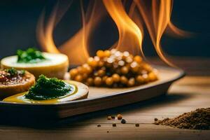 food on a plate with fire in the background. AI-Generated photo