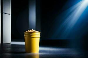 a yellow bucket of popcorn on a dark floor. AI-Generated photo